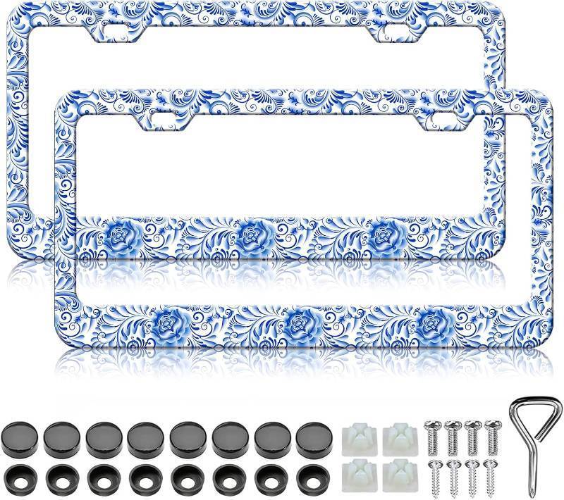 lot 4665 image: Flower License Plate Frame - 2PCS Blue Flower Floral Aluminum Metal License Plate Holder Covers, Rust-Proof Waterproof Car Decorative Tag Frames for Standard Us 12x6 Inch