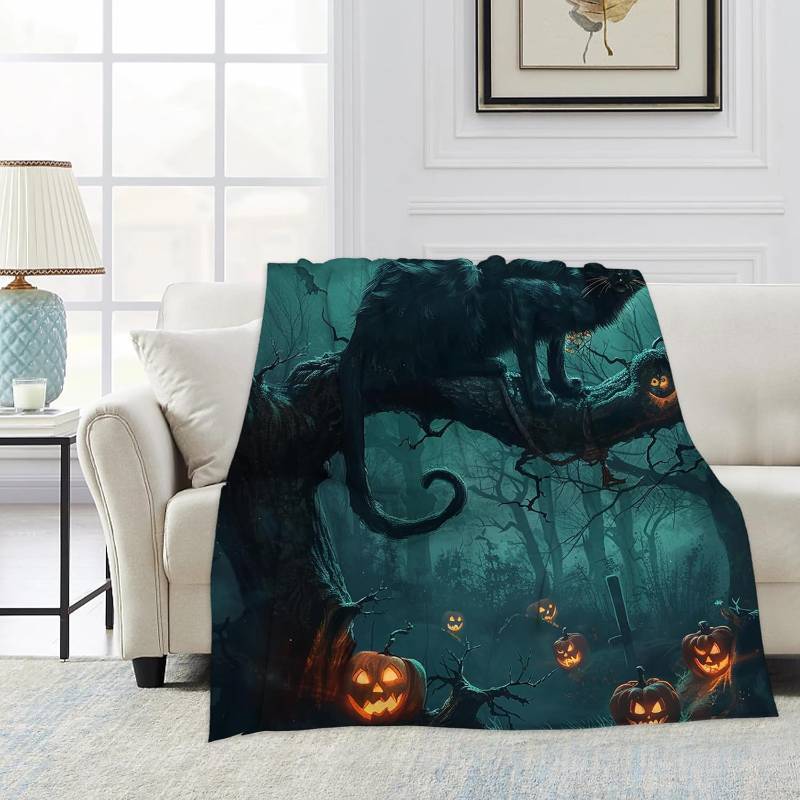 lot 1514 image: Throw Blanket, Black Cat Throw Blankets for Adult Kids Boys Girls, Halloween Pumpkin Night Decor Gifts for Home Bed Couch 40x50 Inches