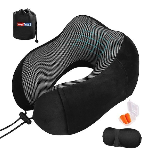 lot 2023 image: Airplane Pillow, Travel Neck Pillow with Memory Foam - Adjustable Buckle & Machine Washable Cover for Flights, Car, Office - Includes Eye Mask & Ear Plugs(Black)