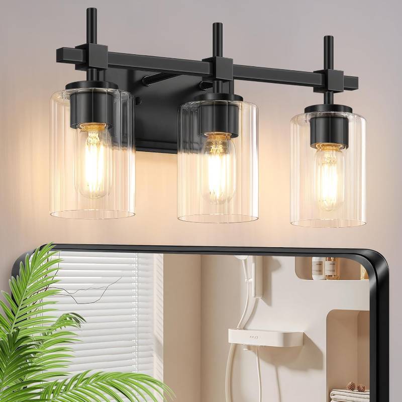 lot 2475 image: Asnxcju 3-Light Matte Black Vanity Light for Bathroom, Modern Bathroom Lighting Fixtures Over Mirror, Vanity Lights with Clear Glass Shade, Industrial Bath Wall Lamp for Living Room Bedroom Hallway