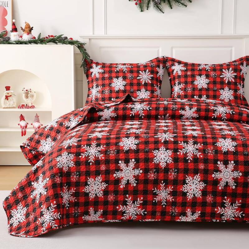 lot 6682 image: JSD Christmas Quilt Set FullQueen, Red Buffalo Plaid Snowflakes Bedspreads, 3 Piece Microfiber Coverlet Quilted Blanket with Pillow Shams