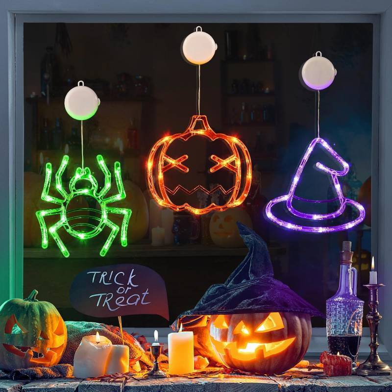 lot 6125 image: LOLStar Halloween Window Decorations Orange Pumpkin Green Spider Purple Witch Hat Battery Operated Window Lights with Suction Cup Slow Fade Timer Function Halloween Indoor Lights for Windows
