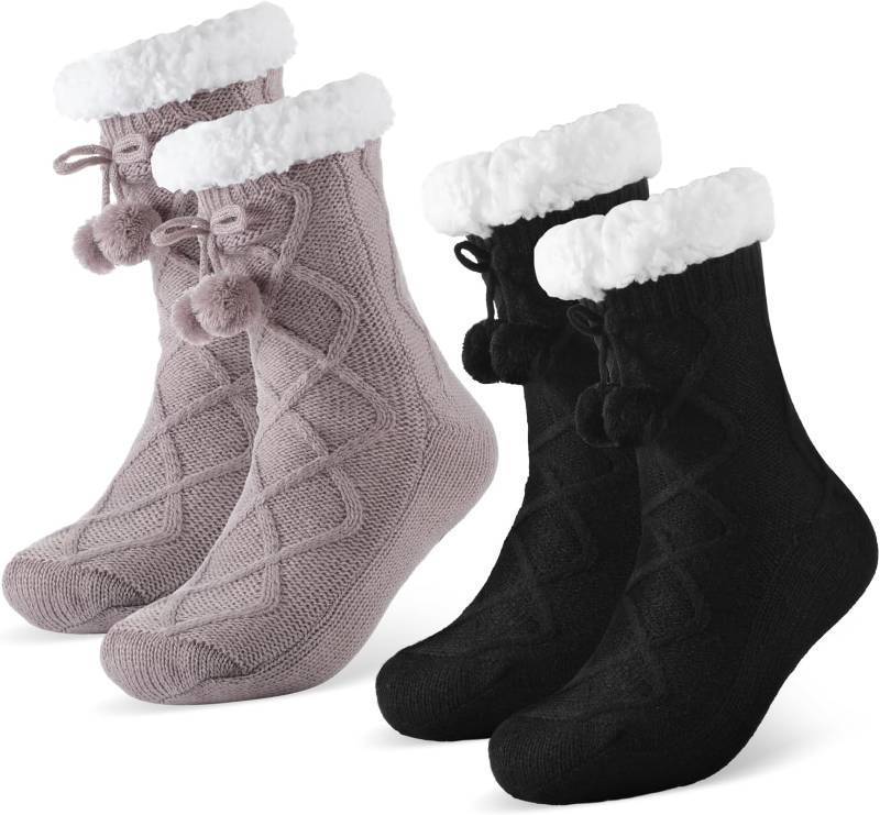lot 6408 image: Foaincore 2 Pcs Slipper Socks for Women Sherpa Fuzzy Socks Non Slip Winter Warm Soft Home Fleece-lined Gripper Socks - Color Varies from Stock Photo