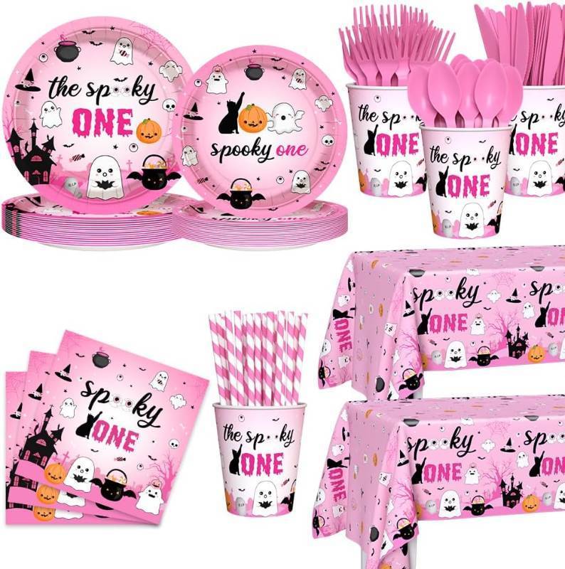 lot 7449 image: AIBIIN 194Pcs Spooky One Birthday Decorations Pink Halloween 1st Birthday Plates, Cup, Napkin, Tablecloth, Tableware, Halloween Decorations Girl Party Supplies Serve 24 Guests