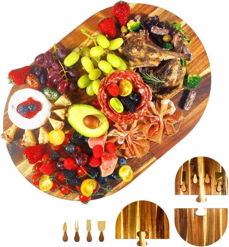 lot 5767 image: Charcuterie Board Set - 2 Pieces with Knife Set, Premium Acacia Wood Cheese Boards, Puzzle Shaped Serving Tray, Wedding & Bridal Shower Gift, Valentines Day Gifts