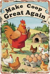 lot 8276 image: Funny Chicken Coop Signs and Accessories, Make Farming Great Again, Patriotic Farmhouse Metal Wall Art for Coop Farm Stand Chicken Farm Fresh Butt Nuggets Sign 8 12 Inch (yellow chicken coop)
