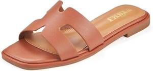 lot 8280 image: Sandals for Women 2025 Dressy Slides Flat Open Toe Comfortable Soft Leather Slip On Ladies Casual Wide Width Cute Trendy Shoes Summer Beach Brown Size 8