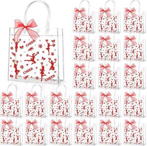 lot 8299 image: Lonfliness 24Pcs Cheer Clear PVC Gift Bags with Handles And Ribbon Bow Bulk 8 X 8 X 3in Cheerleading Goodie Treat Bags Cheer Team Present Tote Bag for Cheerleader Teammates Party Supplies(Red)