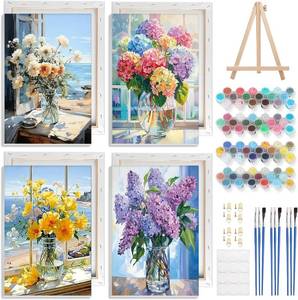 lot 8314 image: GHHKUD 4Pack Framed Paint by Numbers Vase Flowers for Adults Kids, DIY Easy Window Flowers Painting by Numbers with Frame Wooden Holder, Painting Art on Canvas Gifts Home Wall Decor 20x30cm