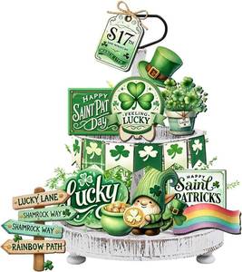 lot 8331 image: 20 Pcs Saint Patricks Day Tiered Tray Decor Set - Lucky Saint Patricks Day Decorations for Home, Kitchen, Table Trays Decorative Farmhouse Wood Tier Tray Decor Items for 2 Tier Tray Decor