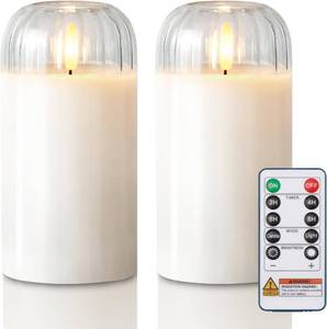lot 8333 image: Homemory Glass Flameless Candles, Battery Operated Plliar Candles Realistic Flickering, LED Electric Light with Remote and Timer for Home, Christmas Decoration, White, Set of 2