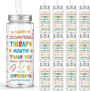 lot 8336 image: Vesici 24 Pcs 14.2oz Occupational Therapy Month Gifts OT Month Tumbler with Lid and Straw Plastic Reusable Tumbler Bulk Inspirational Gifts Cold Drinking Cup for Women Men Coworker Stuff