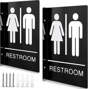 lot 10719 image: Shimeyao 2 Pack 9 x 6 Inch Restroom Sign for Business Black Aluminum Bathroom Sign with Double Sided for Office Restaurant Toilet Door Wall Decor(Mens & Womens Restroom)