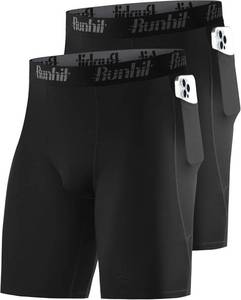 lot 10733 image: Runhit 2 Pack Mens Compression Shorts with Pockets 9 Performance Spandex Underwear Sport Athletic Workout Running Base Layer SIZE L