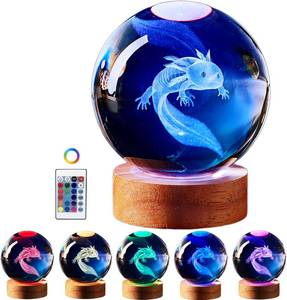lot 10782 image: Axolotl Lamp,3.15 inch Axolotl Crystal Ball Lamp,Upgraded 3D K9 Axolotl Crystal Ball Night Light with Wooden Base,16 Colors Change with Remote Control, Axolotl Glass Ball Lamp,Axolotl Gift (E)