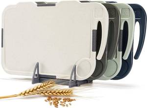 lot 10786 image: Glotoch Cutting Boards for Kitchen Set of 4, Wheat Straw Chopping Board Dishwasher Safe, BPA Free, Non Slip, 16X10 Colored Reversible Cutting Board with Stand, Food Icons, Grinder Plate