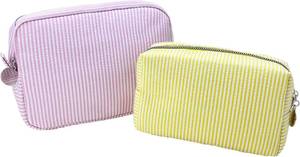 lot 10797 image: 2 Pcs Seersucker Cosmetic Bag Pinstripe Seersucker Makeup Bag for Women Large Travel Toiletry Organizer Stripe Preppy Storage Pouch for Women Girls(pink&yellow)