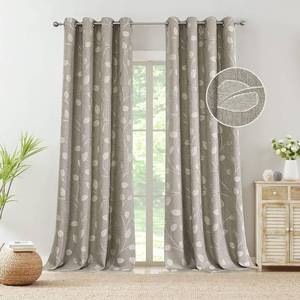 lot 10803 image: WEST LAKE Khaki Tan White Leaf Jacquard Curtain 2 Panels Heavy Linen Textured Room Darkening with Branches Pattern Grommet Top Window Treatment for Living RoomBedroom,50x84x2