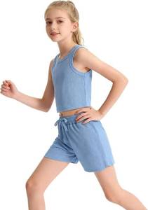 lot 10808 image: NEW 6-14Y Tween Girls Stretchy Rib Knit Outfit Rayon Tank & Shorts Set Casual Lounge Playwear