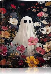 lot 10816 image: Halloween Canvas Wall Art,Vintage Cute Ghost & Wildflowers Framed Poster, Spooky Fall Decorations for Indoor, Gothic Dark Academia Wall Decor, Funny Halloween Decorations for Living Room Bedroom