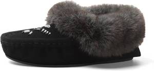 lot 10841 image: Womens Suede Faux-Fur Beaded Memory Foam Vegan Moccasin Slipper Shoes with Bird Design SIZE 10