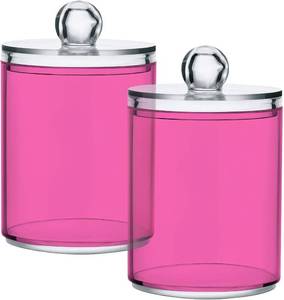 lot 10889 image: SHJI Hot Pink Qtip Holder Organizer Dispenser Cotton Swabs Cans Plastic Jars with Lid Set 2 Pack Bathroom Storage Canister for Cotton Ball Floss Cotton Pads