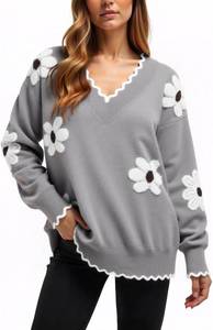 lot 10902 image: Cute Fall Flower Sweaters for Women, Casual Long Sleeve Pullover V Neck Lightweight Crochet Chunky Knit Pullover Jumper Tops Size Small