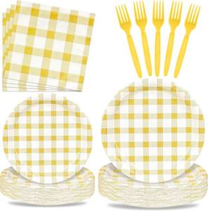 lot 10920 image: 96 Pcs Yellow Gingham Party Supplies - 9 & 7 Inch Round Paper Plates and Napkins set Yellow and White Checkered Party Plate Disposable Plaid Dinner Plates for Baby Shower Wedding Easter