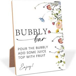 lot 10957 image: Flower Wooden Wedding Sign, Bubbly Bar Sign, Floral Bridal Shower Decorations with Stand, Wedding Table Decorations for Reception, Engagement, Anniversary Event and Bachelorette Party Night, 36