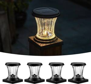 lot 10986 image: Glass Solar Post Cap Lights Outdoor Waterproof, 3000K LED Solar Fence Post Lights with Modular Design, Auto OnOff for Deck, Patio, Garden, 4x4 VinylWood Posts, Warm White (4 Pack)