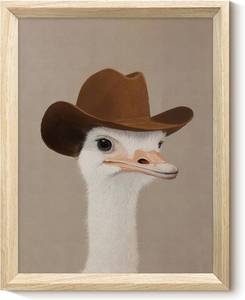 lot 10990 image: VIYYIEA Whimsical Ostrich in Cowboy Hat Wooden Framed Wall Art, Modern Western Animal Canvas Print with Premium Deep Frame, Rustic Home Decor for Living Room Bedroom Office, 11x14 Inch
