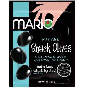 lot 11003 image: Mario Camacho Foods Pitted Snack Olives - Black Olives with Sea Salt - 1.05 oz Pouches (Pack of 12)