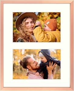 lot 11020 image: Frametory - 8x10 Aluminum Collage Picture Frame - Display 4x6 Pictures with 2 Openings Mat - Real Glass Front - with Easel Stand for HorizontalVertical Wall Mount - Rose Gold 1 Pack