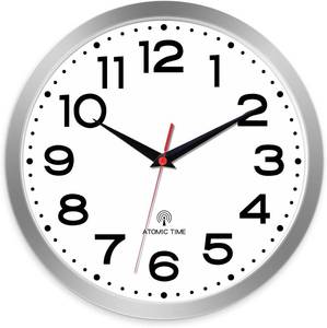 lot 11021 image: Roymnie Atomic Wall Clock 10 Inch, Modern Clock Battery Operated Classic Analog Decorative for Kitchen, Living Room, Office, Bedroom, Bathroom (Silver)