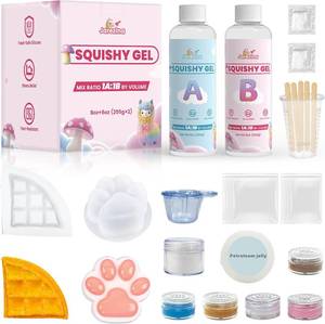 lot 11025 image: Jarezina 12 Pcs Taba Squishy Kit,Liquid Silicone for Squishy Maker with Guided,Waffles & Cats Paw Mold,Petroleum Jelly and Flocking Powder-DIY Decompression Gift