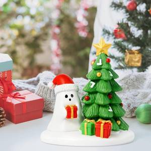 lot 11027 image: Christmas Ghost Tree Statue Decoration - Cute Ghost Resin Figurine with Santa Hat, Winter Xmas Tree Sculpture Ornament for Living Room Tabletop Bookshelf Office, for Party