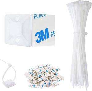 lot 11046 image: 100 Set Cable Zip Tie Self Adhesive Mounts Kit with 6 Zip Ties, 34 Wire Holders Squares, Screws - Sticky Wire Fasteners Cable Clips Management Anchors Organizer - White