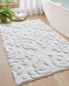 lot 11058 image: DEXI Bathroom Rug 17x30, Non Slip Washable Bath Mat for Shower Floor, Absorbent Soft Bathmat with Rubber Backing, Plush Fluffy Microfiber Floral Retro Carpet, White