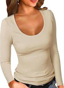lot 11087 image: PALINDA Womens Ribbed Scoop Neck Slim Fitted T Shirts Basic Solid Long Sleeve Layering Tee Tops SIZE S