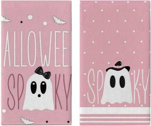 lot 11097 image: Pink Ghost Decor Kitchen Towels Set of 2-18x26 Inch Halloween Dish Towels, Cute Spooky Polyester Towels for Bathroom & Farmhouse Decor