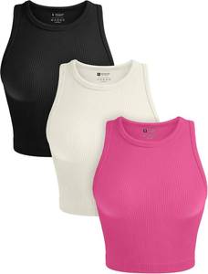 lot 11102 image: OLCHEE Womens 3 Pack Crop Tank Tops Basic Seamless Ribbed Round High Neck Racerback Workout Top Summer Causal Yoga Gym Shirts SIZE XS