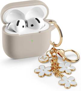 lot 11135 image: Maxjoy for Apple Airpods 4th Generation Case Cover(2024), Silicone Case with Cherry Blossom Ornament Keychain Compatible with Airpods 4 case for Women,Men-Starlight