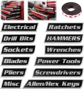 lot 11157 image: 12 Pack of Magnetic Toolbox Labels, 3D-Printed Tool Box Labels, Reusable Magnet Tags for Steel Toolboxes Carts Drawers and Cabinets, Quick Identifying Tool Box Drawers (Black)