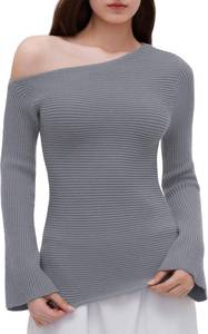 lot 11164 image: OMKAGI Off The Shoulder Fall Sweaters for Women Trendy Slim Fit Ribbed Knit Long Sleeve Top SIZE S