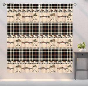 lot 11176 image: Fishing Blackout Curtains Vintage Rustic Cabin Rods Lure Southwestern Check Angle Art Printed Window Drapes for Bedroom Living Room Decor Fabric 2 Panel W26xL84in