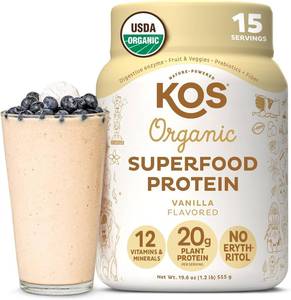 lot 11178 image: KOS Vegan Protein Powder Erythritol Free, Vanilla - USDA Organic Pea Protein Blend, Plant Based Superfood Rich in Vitamins & Minerals - Keto, Dairy Free - Meal Replacement for Women & Men, 15 Servings