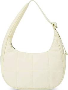 lot 11179 image: Small Puffer Bag, Crescent Shoulder Bag for Women,Nylon Quilted Tote Handbags with Adjustable Strap (Beige)