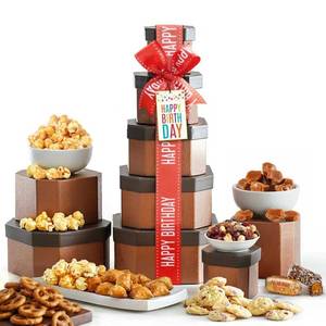 lot 11185 image: Birthday Gift Basket Tower for Women, Him, Gourmet Snacks & Sweets Food Gifts, Treat Box with Cookies, Delicious Treats, Candy Surprise by Broadway Basketeers