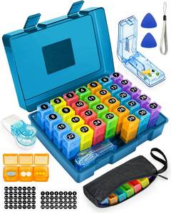 lot 11187 image: Monthly Pill Organizer 3 Times a Day, FRIWOLE Medicine Box with Portable Weekly Pill Bag, Pill Taker Remover, Pill Cutter and 2 Sticker (Blue, 3 Times a Day)