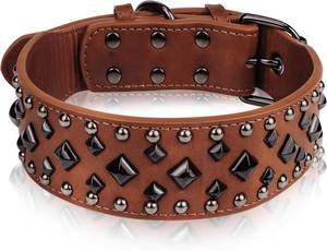 lot 12204 image: Premium Faux Leather Spiked Dog Collar with Square Studs Stylish and Durable Design, Comfortable Fit for Small, Medium, & Large Dogs - Ideal for Everyday Walks, Training Brown L